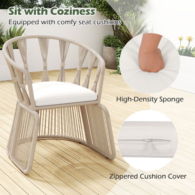 3 Piece Beige Rope Woven Metal Patio Bistro Set with Off White Cushions and Table - Chair: 27.5" x 25.5" x 31" (L x W x H)