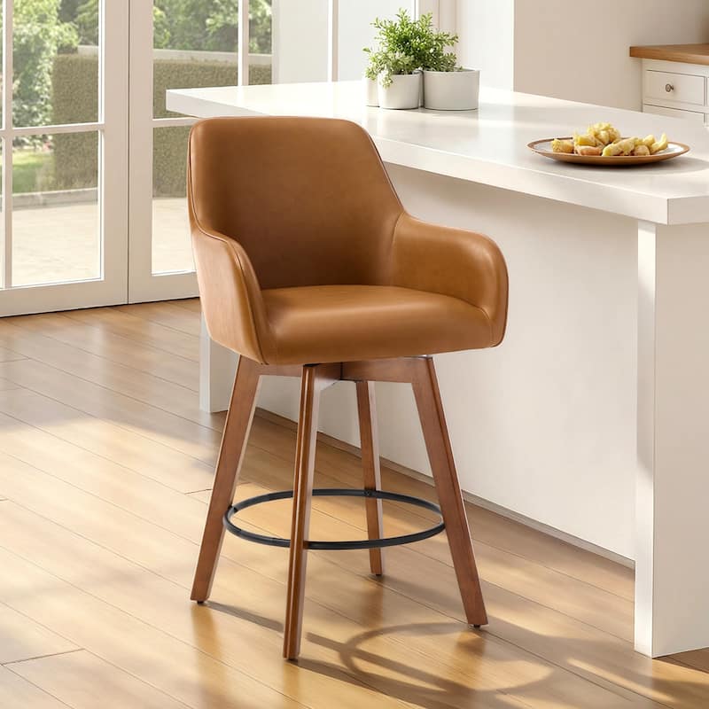 25 Inch Upholstered Swivel Counter Height Bar Stool with Armrests, Solid Wood Legs - 23.6"W x 22.4"D x 40.2"H - Set of 2 - Brown-PU