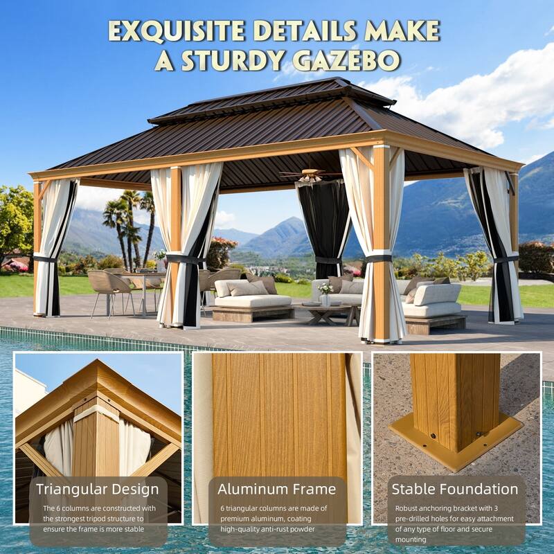 EROMMY Hardtop Patio Gazebo with Double Roof and Privacy Curtains, 12x16 FT Permanent Outdoor Metal Gazebo for Backyard, Deck