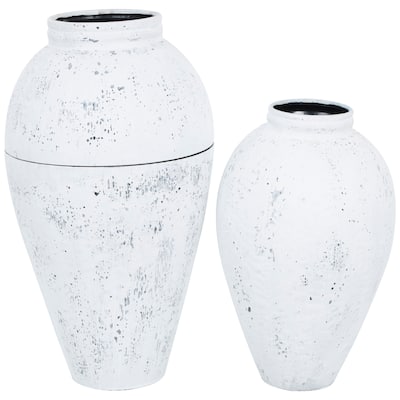 Metal Tall Distressed Pot Floor Vase - Set of 2 White - Roche River Decor - 17"W x 17"L x 31"H