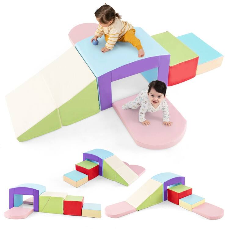 Multicolor PU Foam Climbing Blocks 6 Pieces, Safe, Versatile, Educational Playset for Kids, Tunnel - 16" x 12" x 10" (L x W x H) - Beige