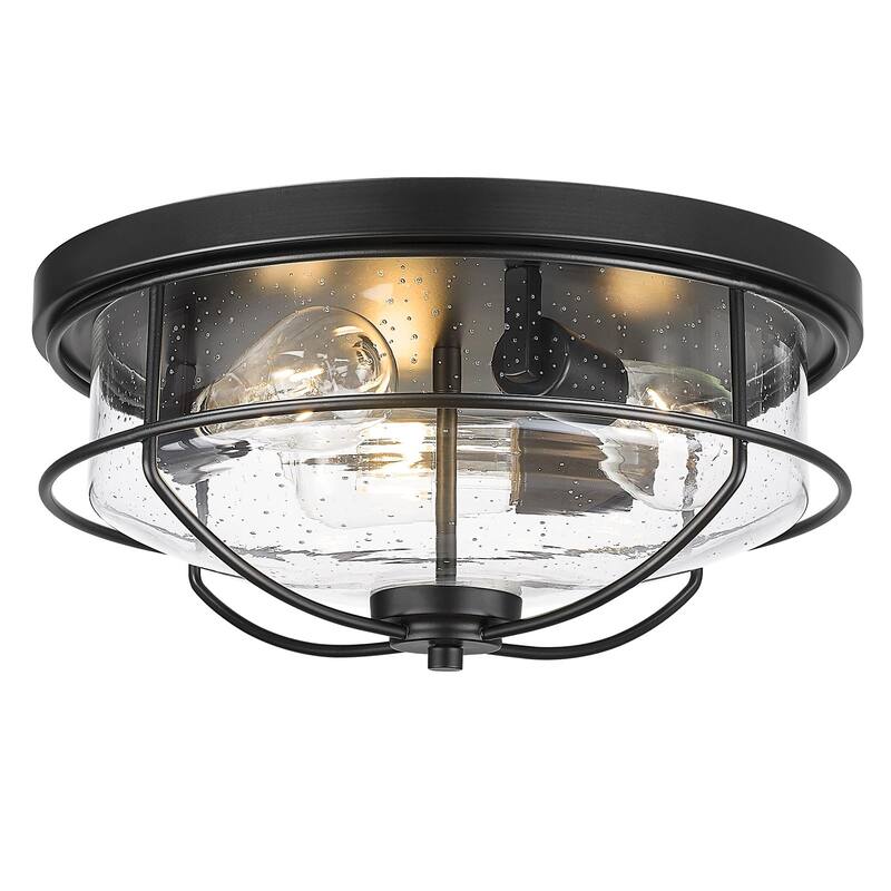 Flush Mount Ceiling Light Industrial Farmhouse Fixture with Seeded Glass Shade - 3-Light - Black