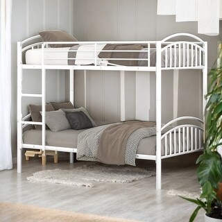 Elegant Twin Over Twin Metal Bunk Bed with Built-in Ladder and Guardrails, Divided into Two Beds, With Sturdy Steel Frame, White