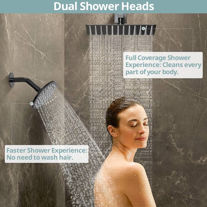 Dual Heads 12"Rainfall and High Pressure 6"Shower Faucet Dual Cascade System 3 Way Thermostatic Valve with 6 Body jets