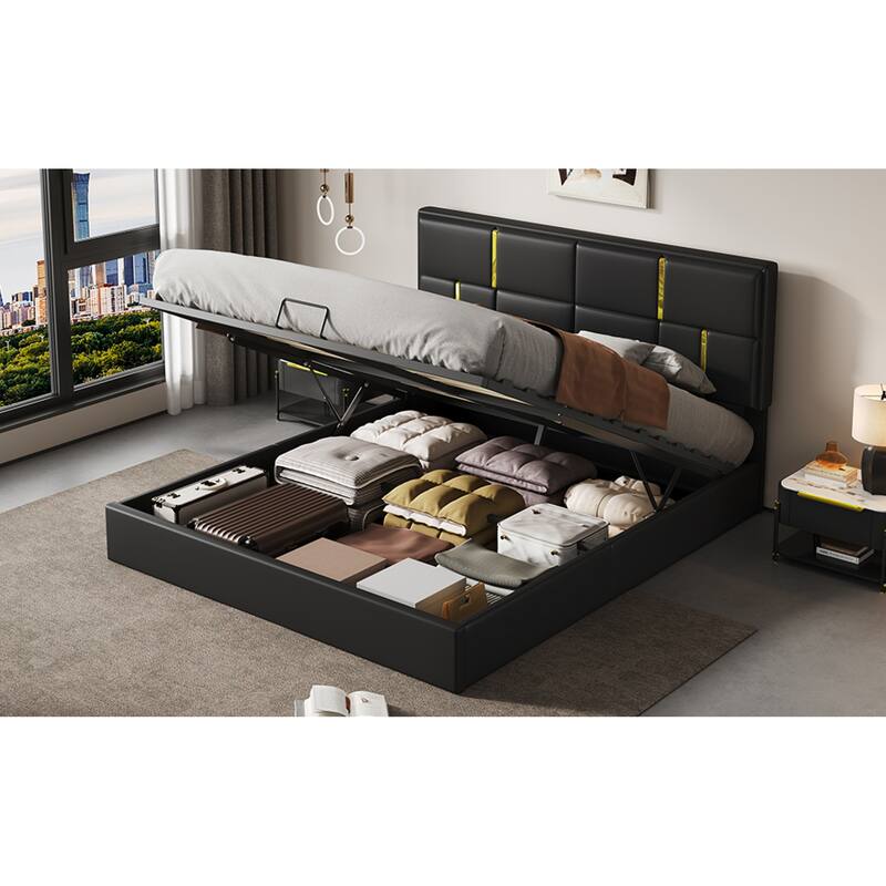 Roomfitters Queen Upholstered Platform Bed with Hydraulic Storage Lift, Modern Bed Frame, No Box Spring Required