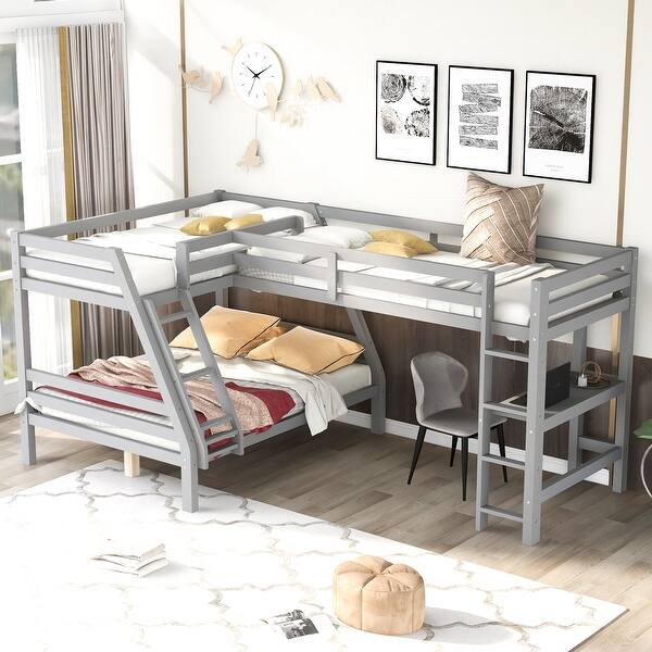 slide 2 of 18, Modern L-Shaped Wooden Twin Size Loft Bed and Twin over Full Bunk Bed with Built-in Desk,Easy Assembly Grey