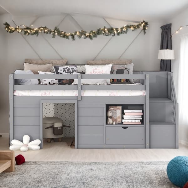 slide 2 of 12, Grey Wood Twin Size Low Loft Bed with Drawers and Shelves-42"W x 40"H Grey