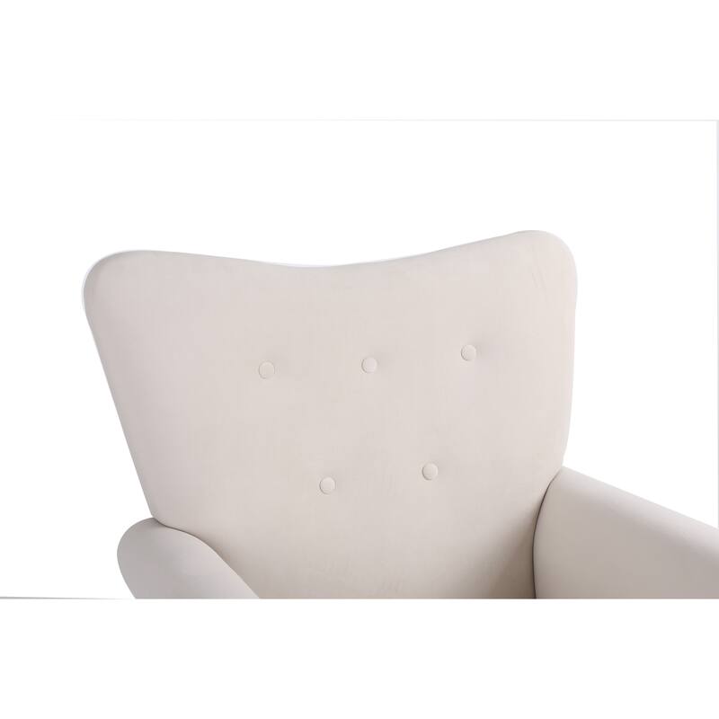 High Back Rocking Chair Beige Nursery Chair Fabric Padded Rocker Modern High Back Armchair with Curved Legs