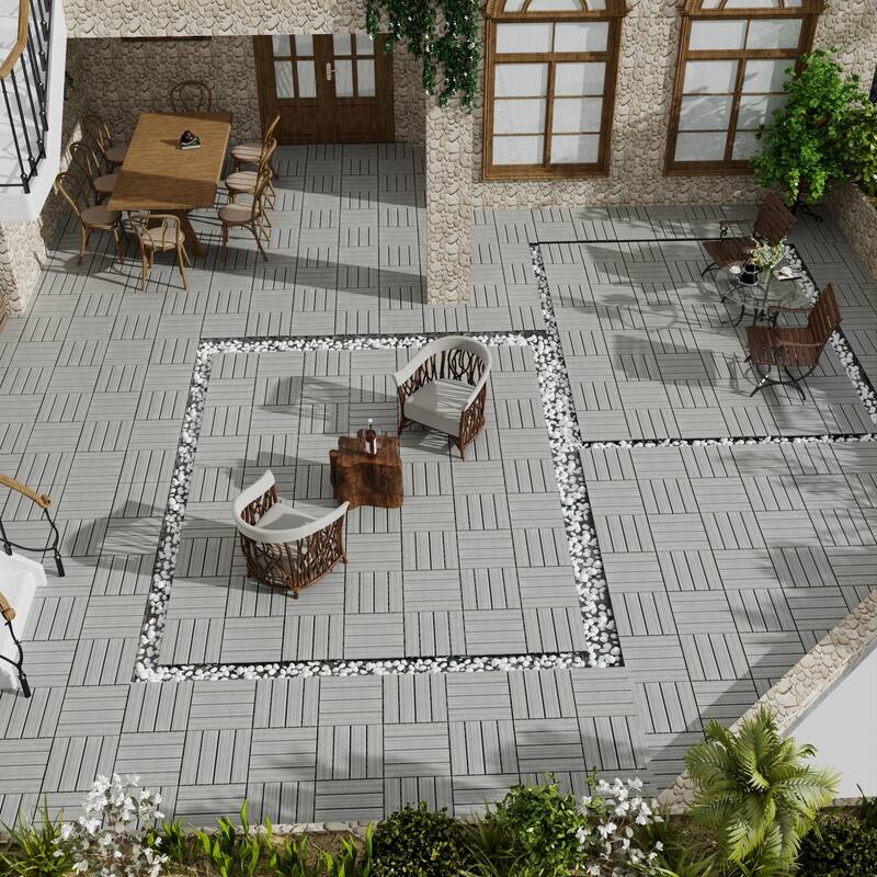 Patio Floor Tiles Pack of 11 WPC Wood-Plastic Composite Patio Deck Tiles DIY Interlocking Decking Tiles, Quick Deck Floor Tile