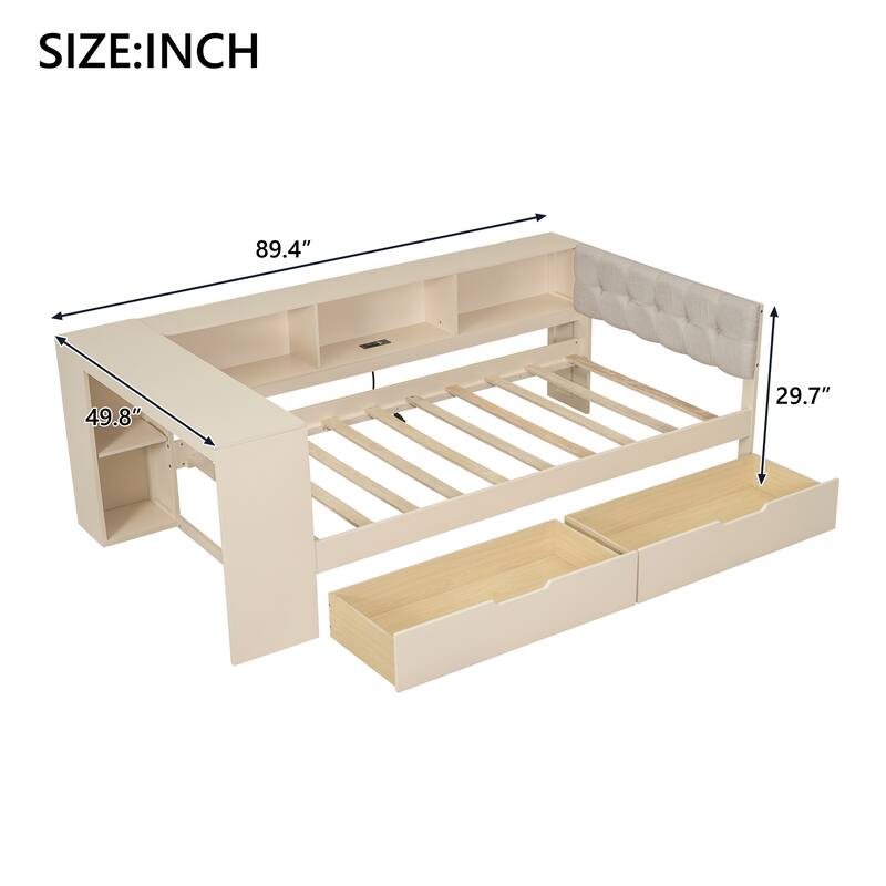 Twin Size Platform Bed with Storage, Drawers, Charging Station, and Upholstered Headboard in Cream