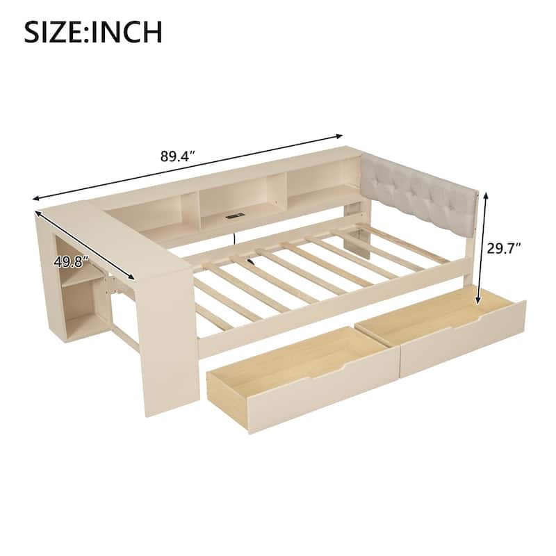 Wood Twin Size Platform Bed with Storage Shelves, Drawers, Charging Station and Upholstered Headboard