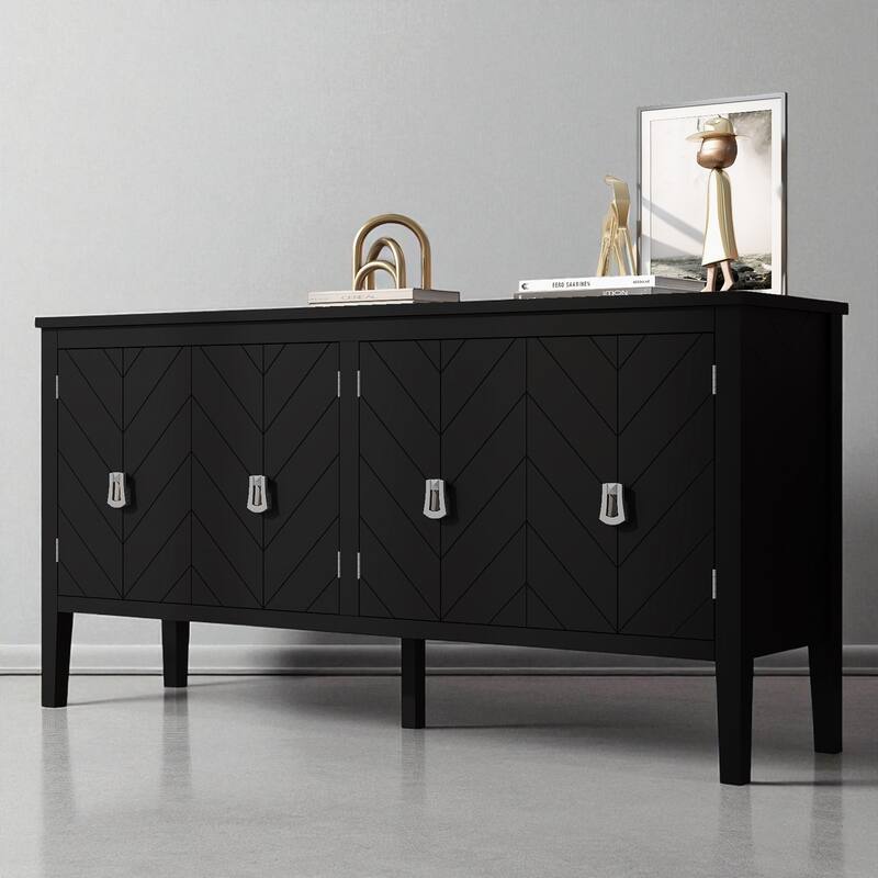 Four-Door Sideboard with Geometric Line Patterns and Vintage Metal Handles - 63" Storage Cabinet