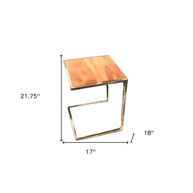 Set of 3 Contemporary Gold Finish C-Shaped Nesting End Tables with Solid Mango Wood Tops & Steel Sled Bases for Living Room