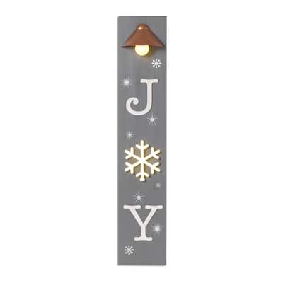 Festive 40 Inch Battery Operated Lighted Wood Joy Porch Sign - Grey - 7.8x4.1x40