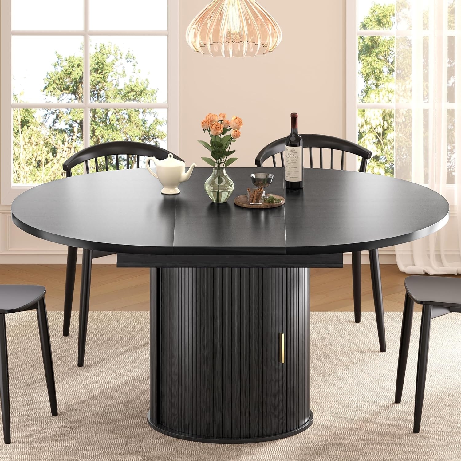 47"-63" Extendable Round Dining Table for 4-8 with Storage,Mid Century Modern Farmhouse Wood Oval Dinner Table