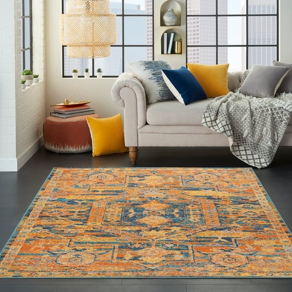 slide 2 of 24, Nourison Passion Distressed Persian Antique Gold Teal Area Rug 5'3" x 7'3" - Teal/Sun - Rectangle