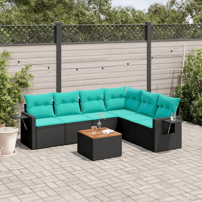 vidaXL 7 Piece Patio Sofa Set with Cushions Black Poly Rattan - 24.4" x 24.4" x 27.2" - Black and blue  - form2