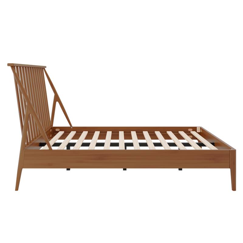 Bohemian Bamboo Spindle Platform Bed Frame with Wooden Slats and Metal Support, No Box Spring Needed, Low Profile Wingback Bed