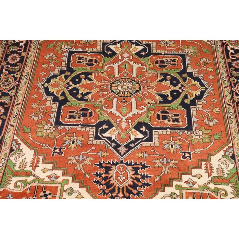 Medallion Heriz Serapi Indian Rug Hand-Knotted Orange Wool Carpet - 8'10"x 11'11"