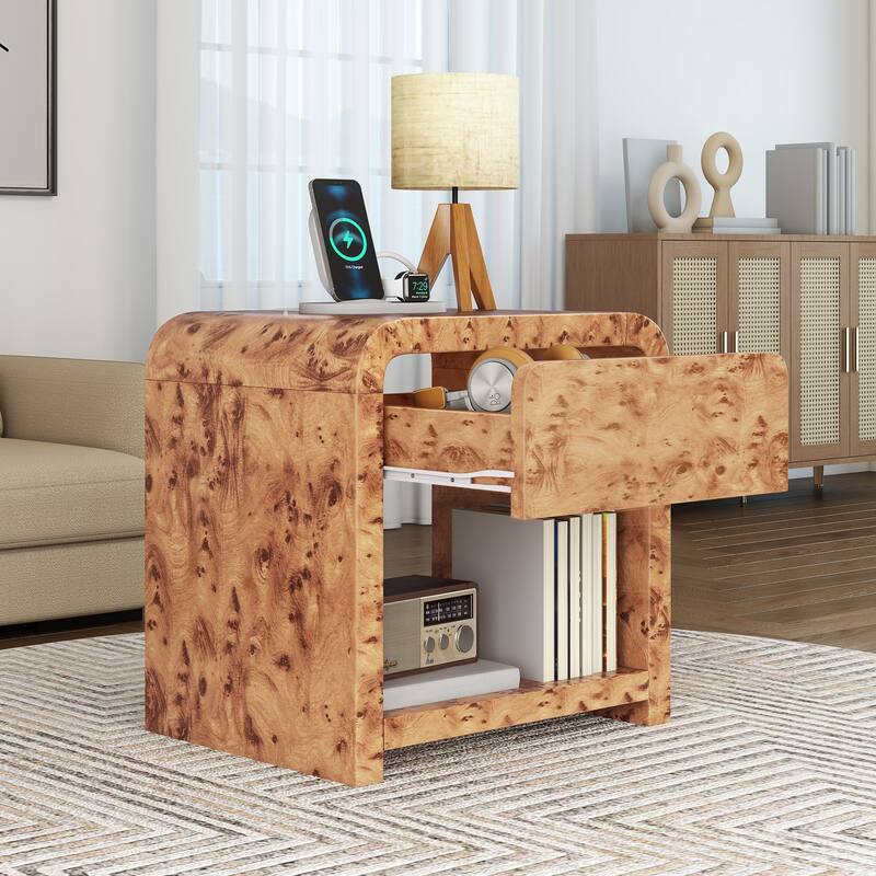 Moasis Sofa End Table with Charging Station, Side Tble with Storage Shelf and Drawer