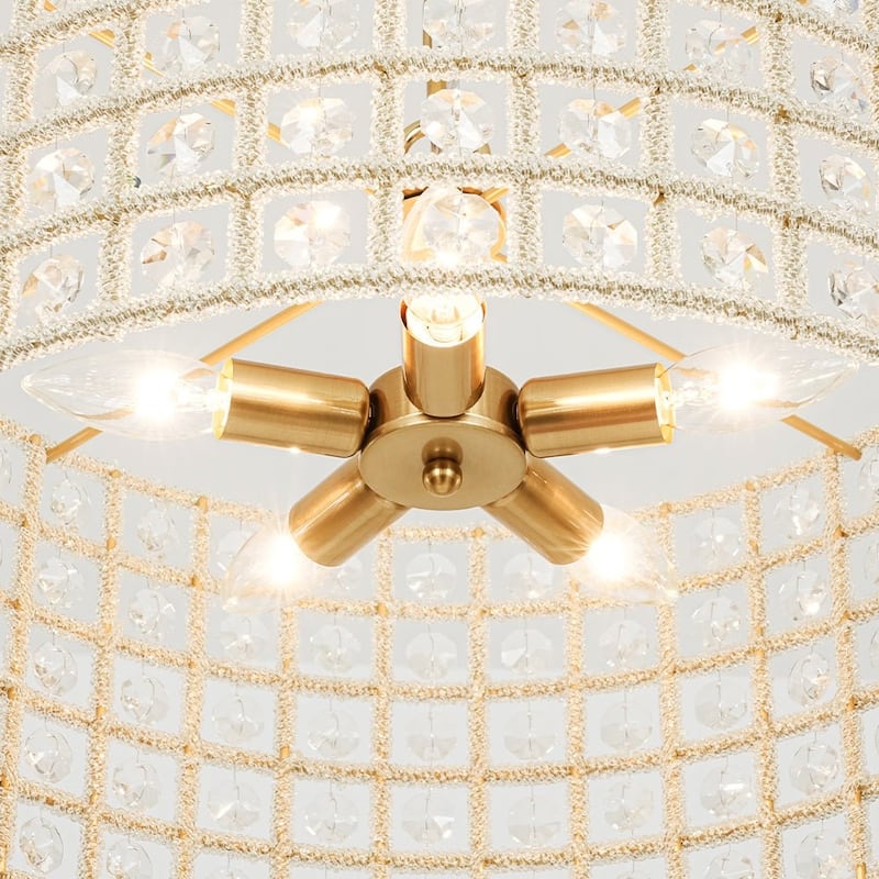 Mid-Century Modern 4-Light Crystal Round Drum Lantern Chandelier
