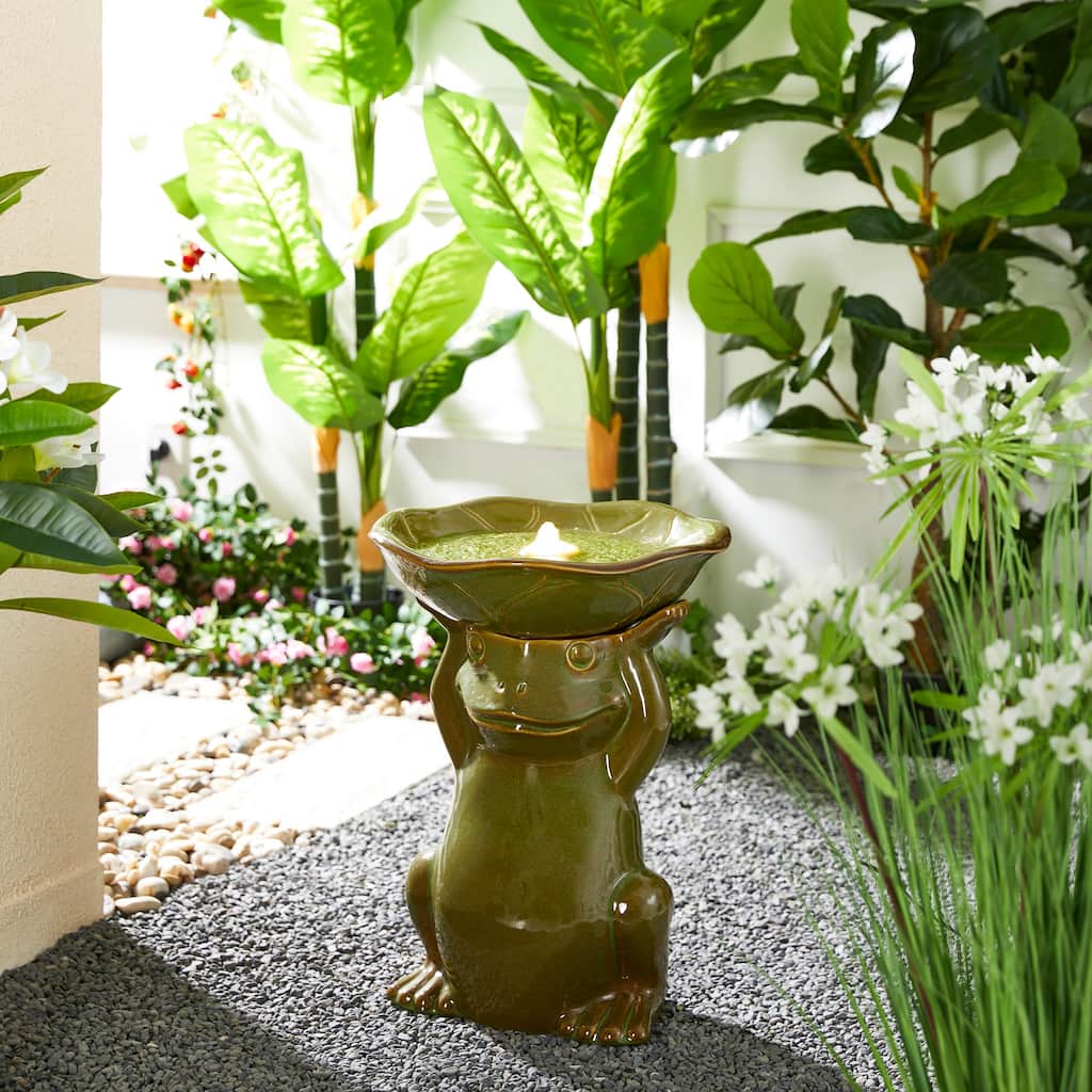 Glitzhome 21"H LED Frog & Lotus Birdbath Ceramic Outdoor Floor Water Fountain
