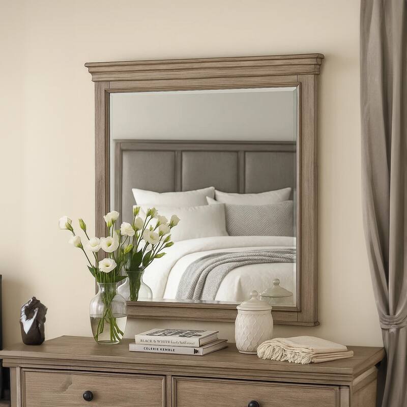 Roi Dresser Mirror, Beveled Glass, Weathered Gray Solid Wood, 38x42