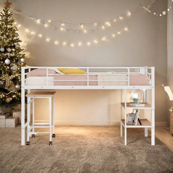 slide 2 of 12, Twin Size Metal Loft Bed with Desk and Shelves White