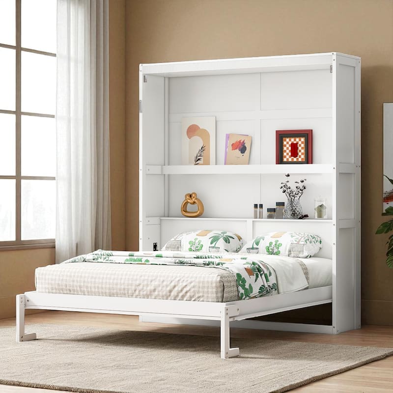 Queen Murphy Wall Bed with Shelves, White, Dual-Piston, Space-Saving Cabinet, 600 lb Capacity, 8-12 in Mattress