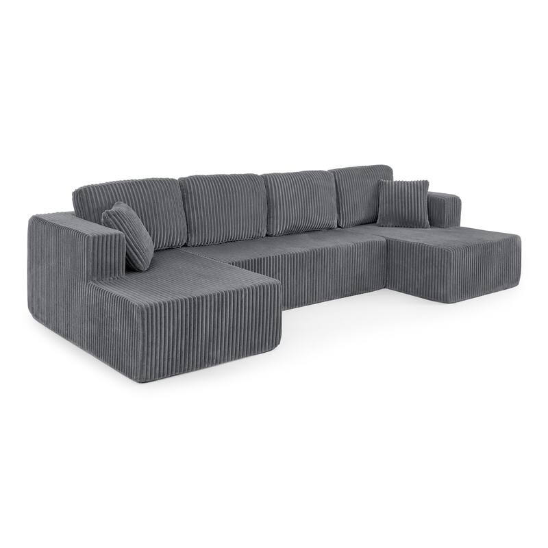 132.48" 5-Seat U-Shaped Modular Sectional Sofa with Sleeper Function, Corduroy Upholstery and No Assembly Required