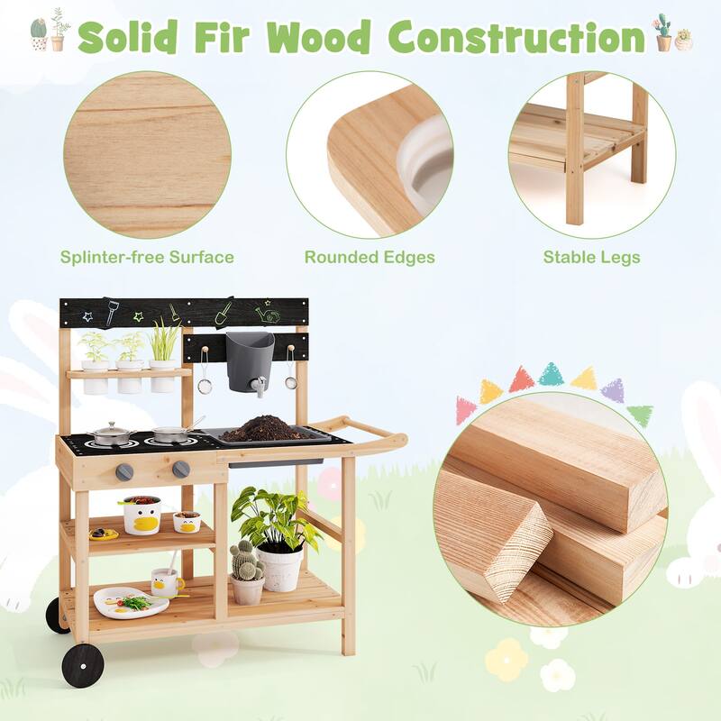 Outdoor Fir Wood Play Kitchen with Blackboard and Planting Pots-Natural - Multi