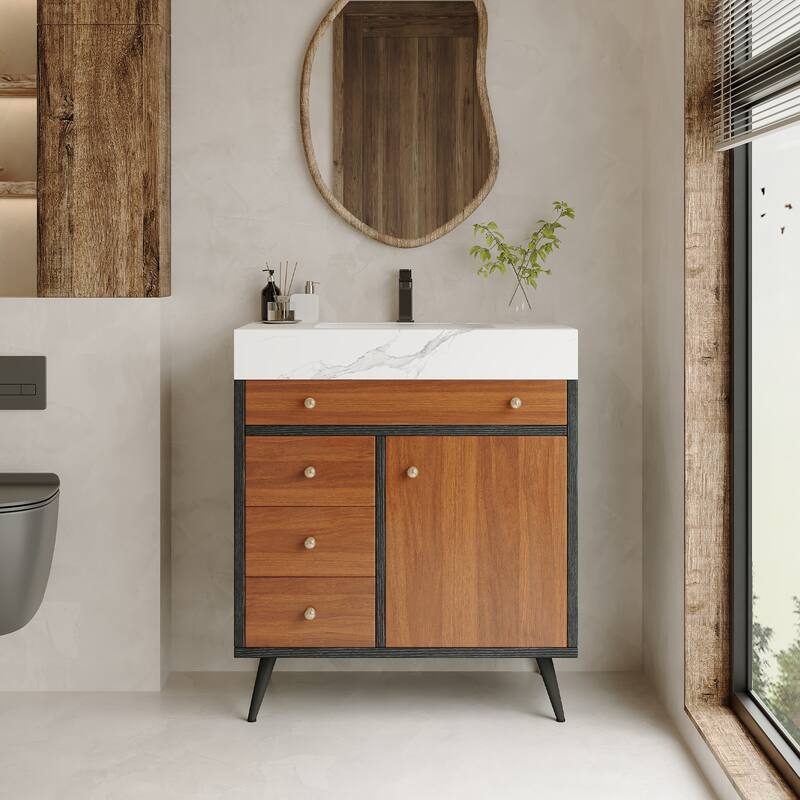 GDFStudio - Bristol Modern 29.9" Freestanding Bathroom Vanity with Sintered Stone Top, Ceramic Sink & Stainless Steel Legs - Walnut Finish - White Top