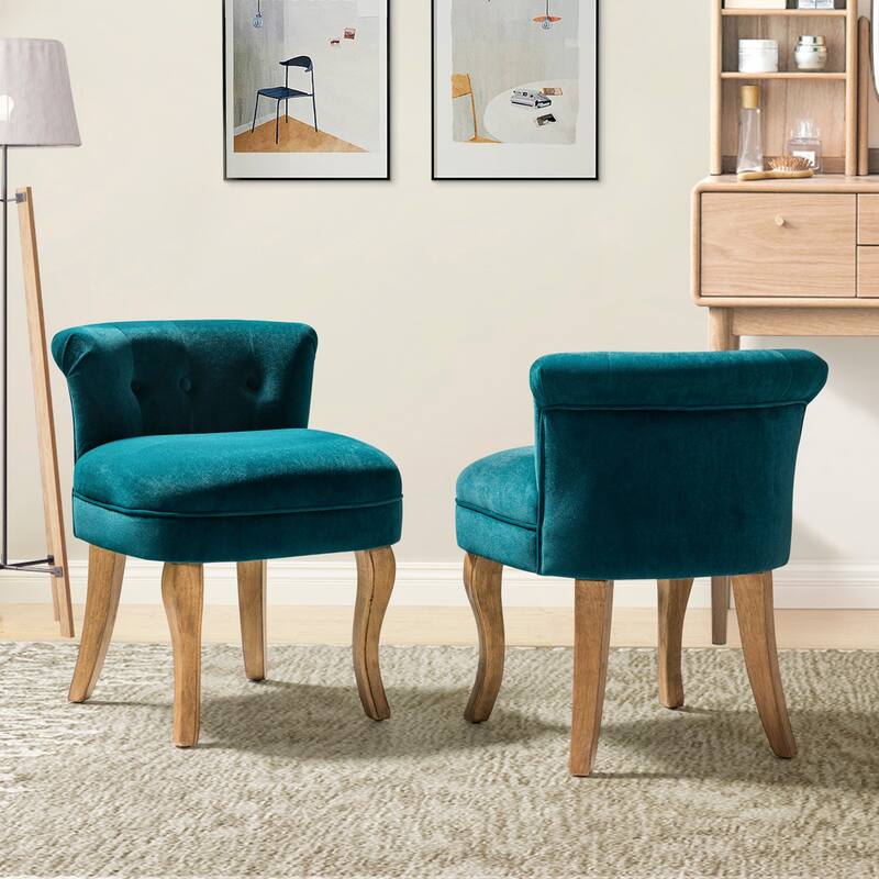 Xacobo Modern Velvet Tufted Vanity Stool with Wood Legs Set of 2 by HULALA HOME - TEAL