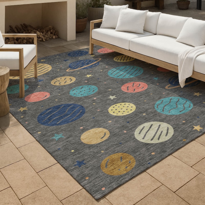 Machine Washable Indoor/ Outdoor Modern Planets Chantille Rug - Graphite - 9' x 12'