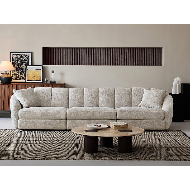 Slope Arm Chenille Fabric Rectangle Sectional Sofa Scallop Sofa in Light Brown - 3 Sests(Rectangle) - Light Brown