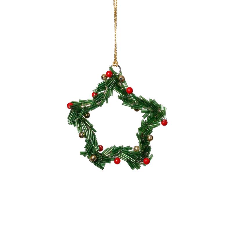 Festive Beaded Christmas Star Hanging Ornaments with Red Berries, Set of 12, 4" - Green