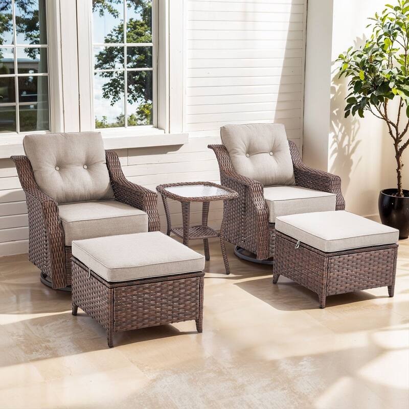 Artisan 5-Piece Wicker Patio Swivel Glider Set with 6-Inch Thick Cushions - Beige - Brown Wicker