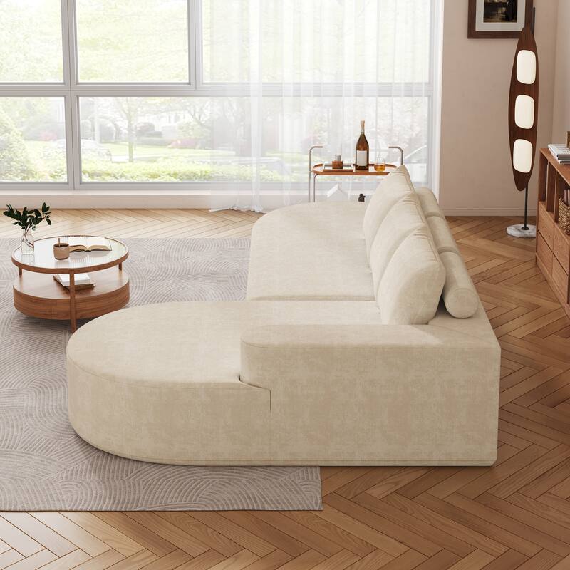 L Shaped Modular Curved Sectional Sofa, Chenille Upholstered 3 Seat Sofa, Corner Sofa with 3 Pillows for Living Room, Bedroom