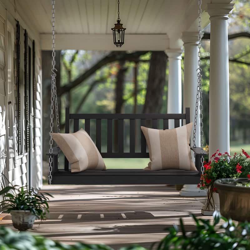 VEIKOUS 4 ft. Outdoor Wood Hanging Patio Porch Swing with Chains for 2 Person - Black