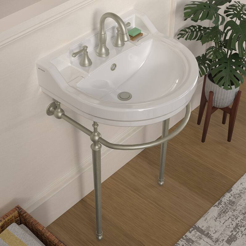 Whitehaus Console Sink With Semi-Circular Bowl, Metal Leg Supports and Front Towel Bar.