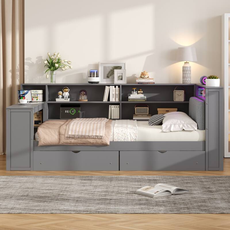 Wood Daybed Twin Size Platform Bed with Storage Shelves, Drawers, Charging Station, Desk, LED and Upholstered Cushion Headboard - Grey - Full