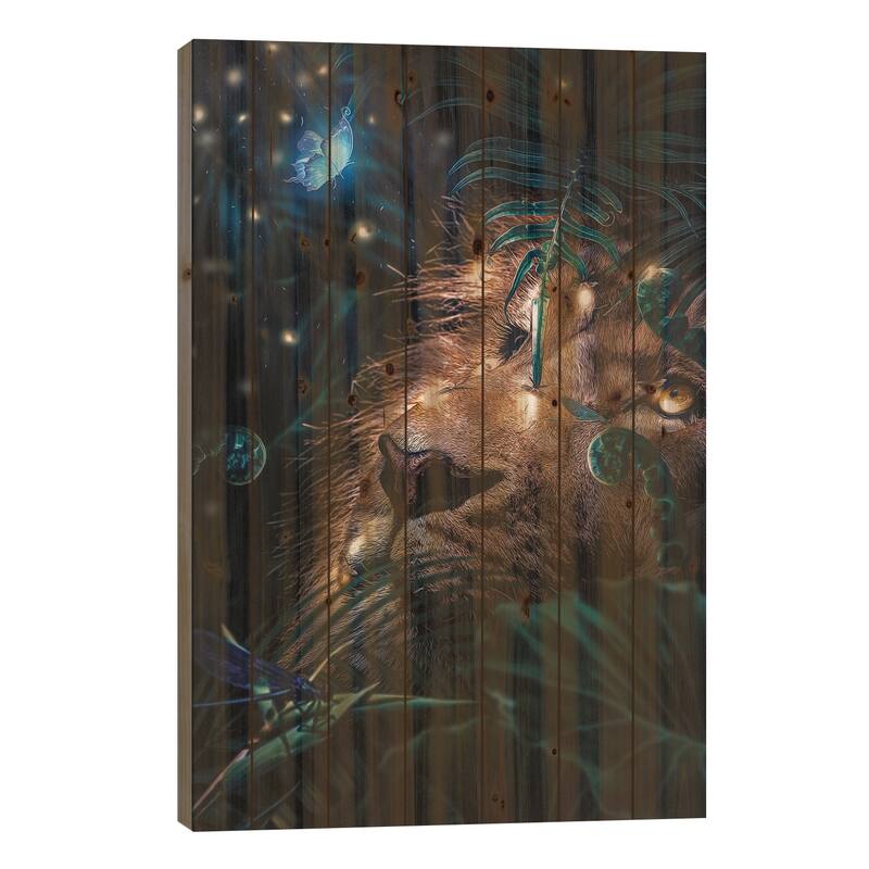 Lion In The Forest, Fireflies Lighting The Night Print On Wood by Adrian Vieriu - Multi-Color - 26x18x1.5
