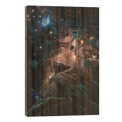 Lion In The Forest, Fireflies Lighting The Night Print On Wood by Adrian Vieriu - Multi-Color