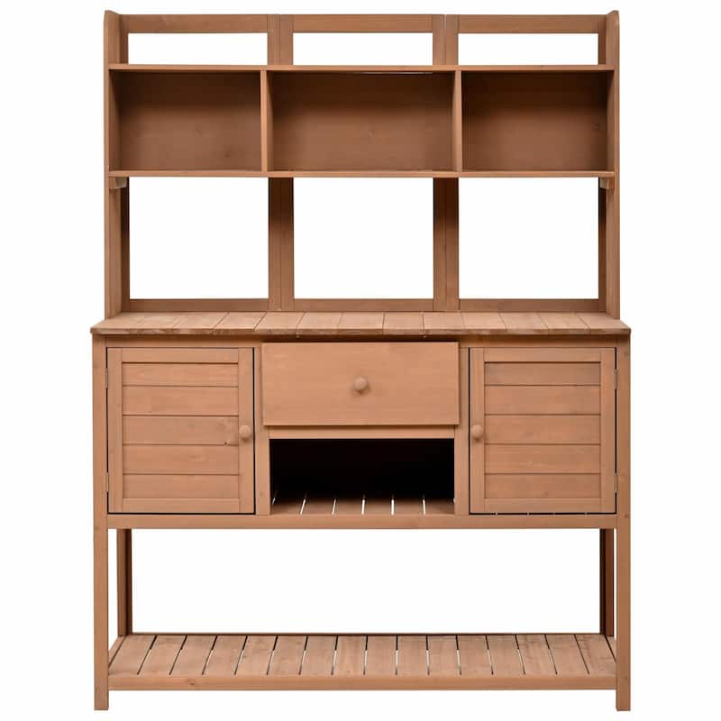 Fir Wood Garden Work Table - Potting Bench with Hutch, Drawer & Adjustable Shelves