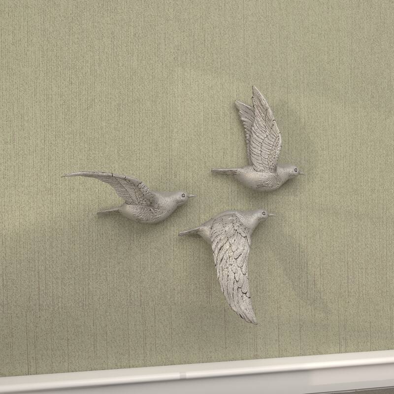 Polystone Weathered 3D Floating Bird Wall Decor (Set of 3) - Dark Brown, Gold, Silver
