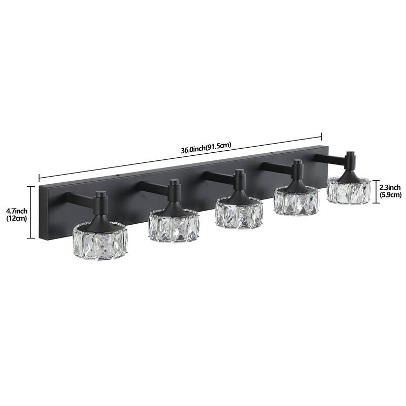 Modern 5-Light Matte Black LED Vanity Light Fixture with Crystal Glass Shades, Bathroom Wall Sconce
