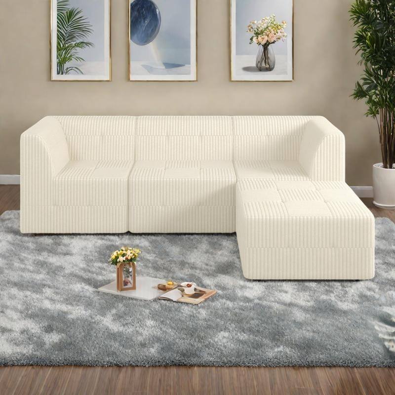 97.25" Modular L-Shaped Corduroy Sectional Sofa with No-Assembly Foam Construction & Convertible Sleeper Function