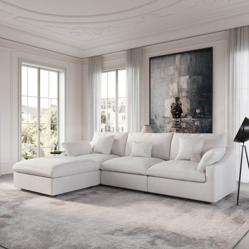Modular Sectional Sofa Cloud Couch with Ottoman, 119'' L Shaped Linen Blend Fabric Minimalist Sectional Sofa for Living Room