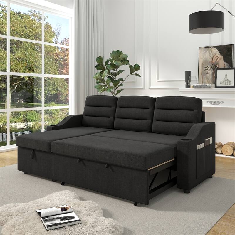 83.5" Polyester Convertible Combo Sofa w/ Storage Recliner and Holder