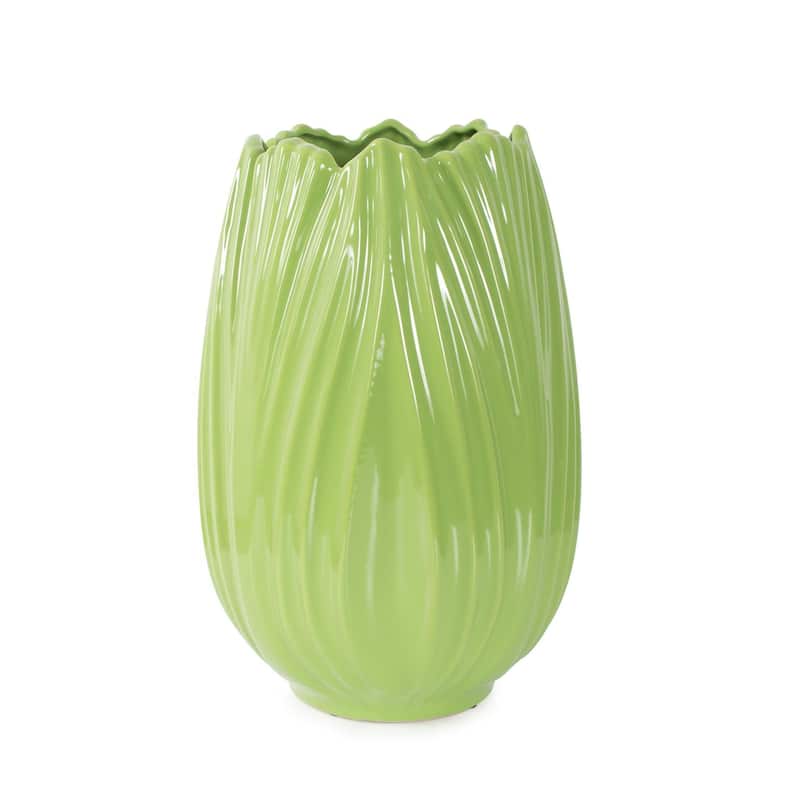 Allan Andrews Contemporary Glossy Green Curved Detailed Ceramic Vase